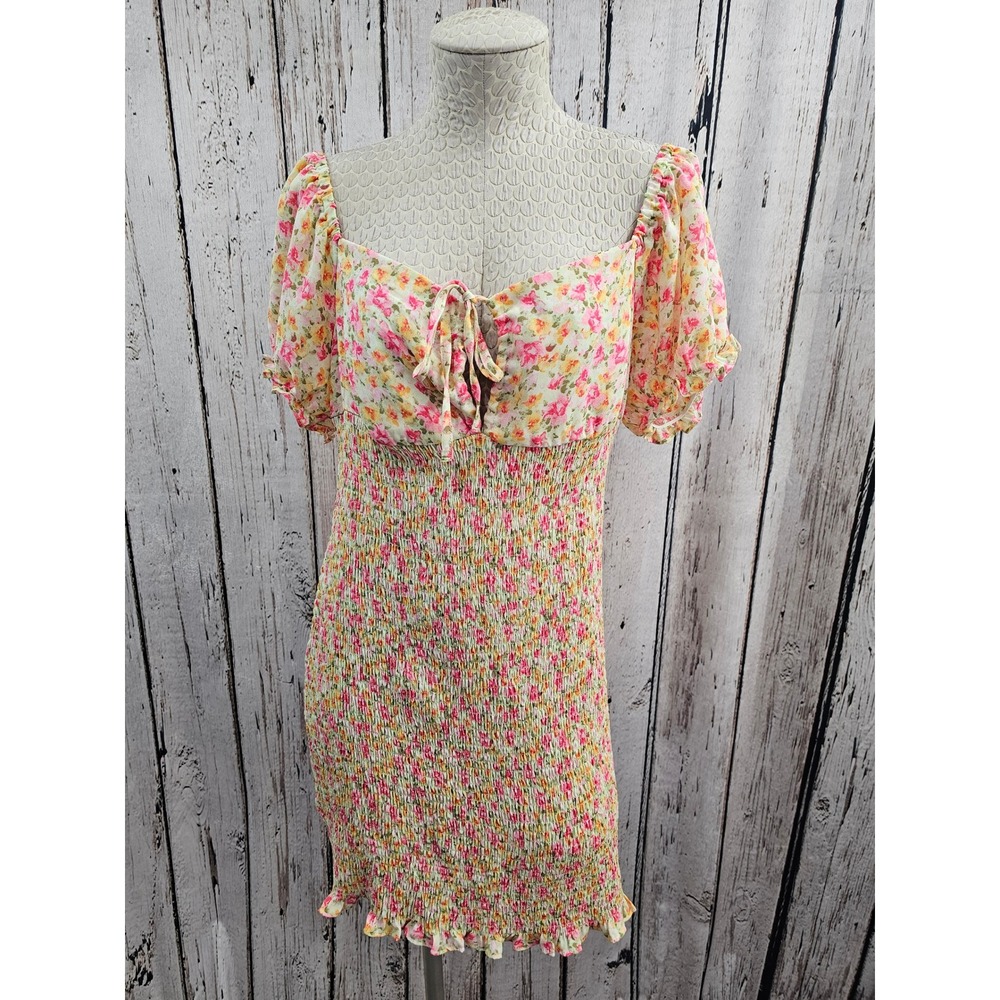 Blashe XL Floral Smocked Square Neck Puff Sleeve Tie Front Mini Dress Boho Girly